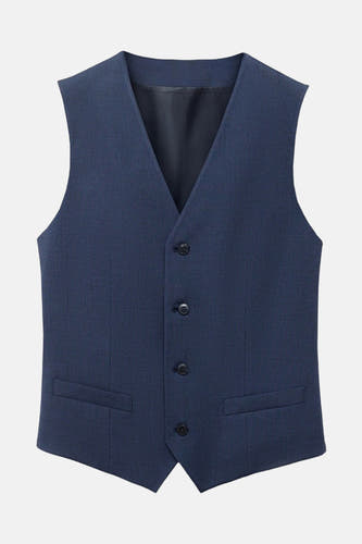 Gilet bleu de MANGO, avec une subtile texture pied-de-poule et un seul bouton.