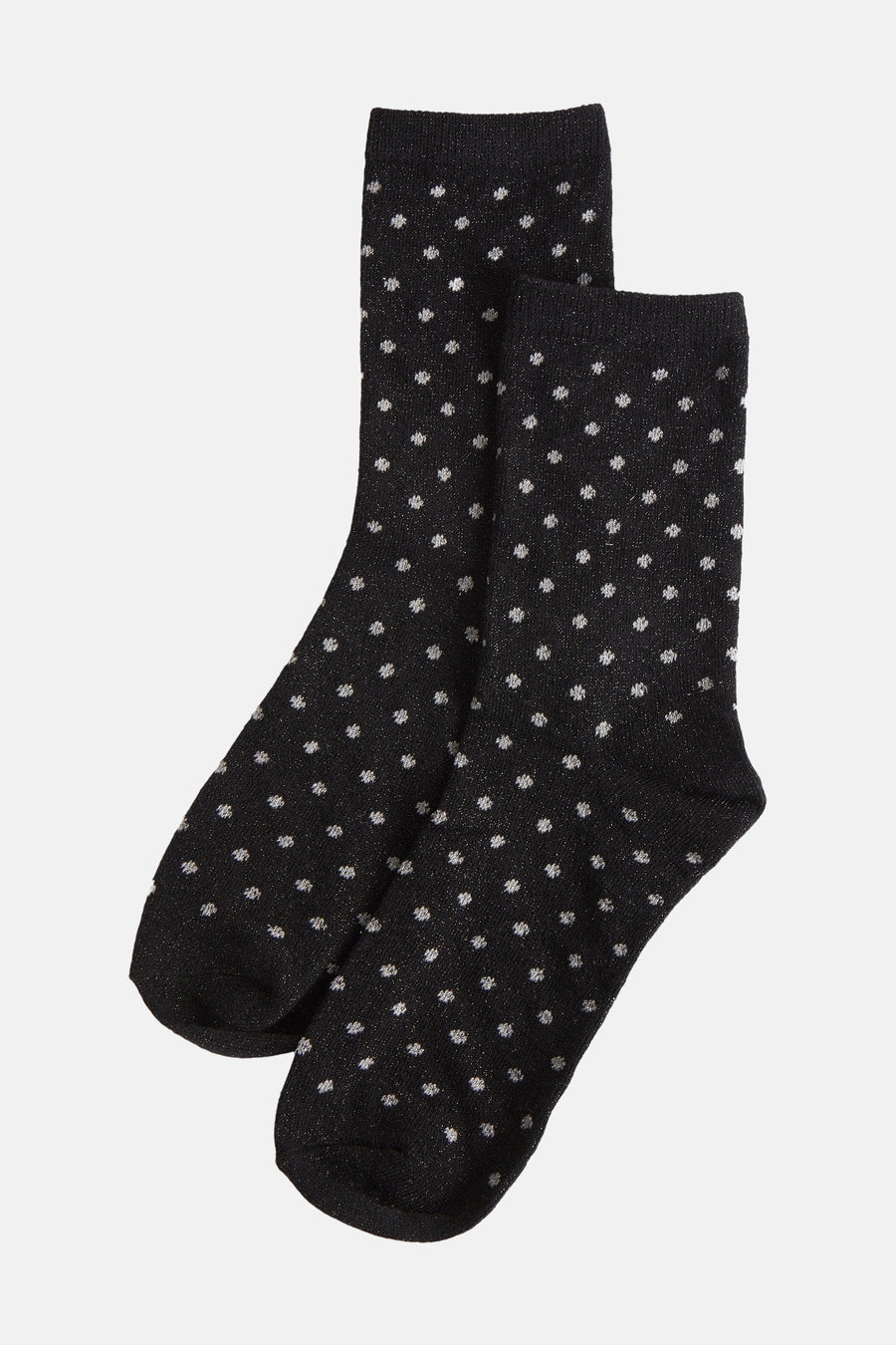 Chaussettes noires de PIECES® avec un motif à points argentés et une texture brillante.