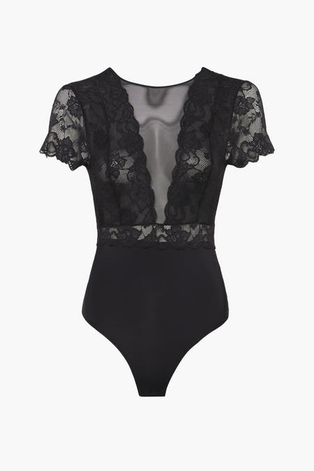 Body noir de PIECES®, avec des détails sur les épaules et un col V en mesh.