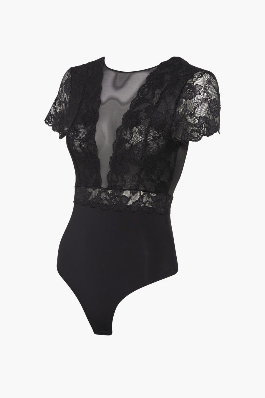 Zwarte body van PIECES®, met kanten details op de schouders en een V-hals met mesh.