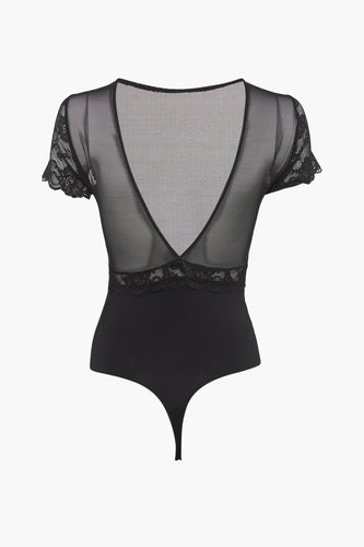 Zwarte body met korte mouwen van kant en gaas.
