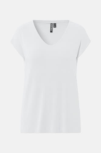 T-shirt blanc court en coton de PIECES, couleur unie et col en V.
