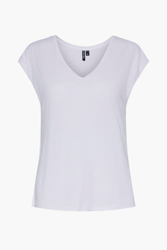 T-shirt blanc court de PIECES, tissu uni avec un décolleté en V.