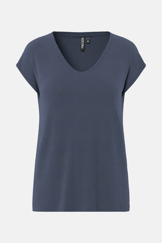 T-shirt bleu de PIECES à manches courtes et encolure en V.