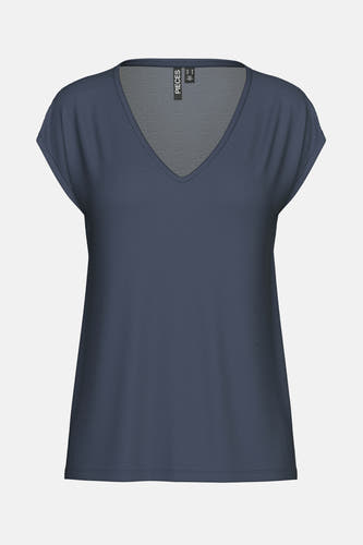 T-shirt bleu à manches courtes de PIECES, avec un décolleté en V et un design uni.