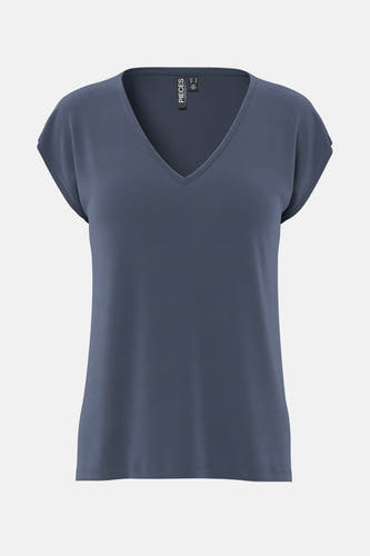 T-shirt bleu de PIECES à manches courtes et encolure en V.