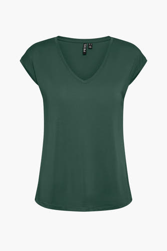 Groen T-shirt met V-hals van PIECES®, effen kleur en korte mouwen.