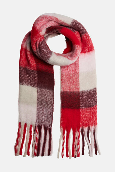 Écharpe d'hiver rouge de PIECES® avec un motif à carreaux et des franges.