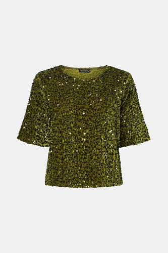 Blouse verte avec manches trois-quarts de PIECES®, dotée de paillettes brillantes et d'une texture luxueuse.