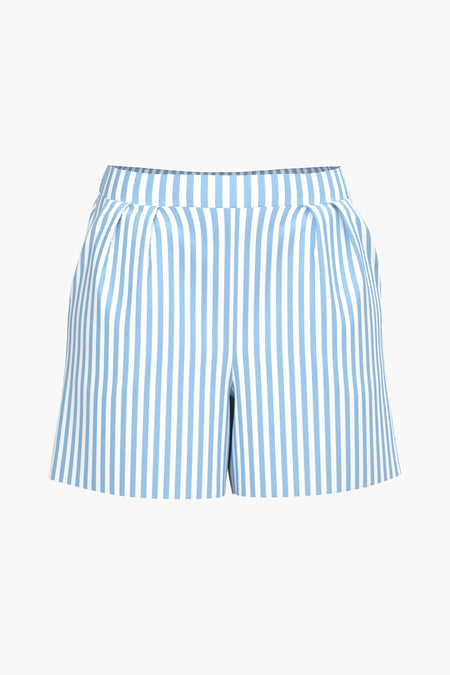 Short bleu à rayures de PIECES, doté de plis et d'une texture lisse.
