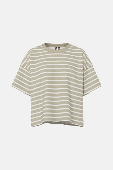T-shirt beige à manches courtes de PIECES®, rayé de lignes blanches sur le dos.