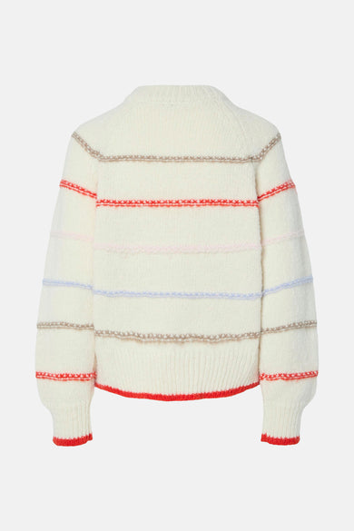 Gilet beige avec col rond de PIECES®, rayé de lignes rouges, roses, bleues et brunes.