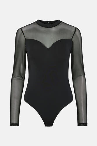 Corps noir de PIECES® avec des manches longues en mesh et une encolure en cœur.