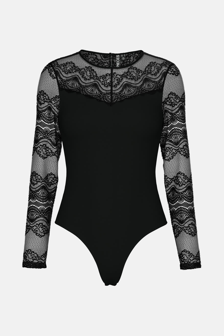 Body noir de PIECES, avec des manches longues en tissu transparent et une coupe ajustée.