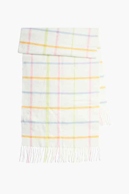 Ecru wintersjaal van PIECES® met pastelkleurige ruit en franjes aan de uiteinden.

