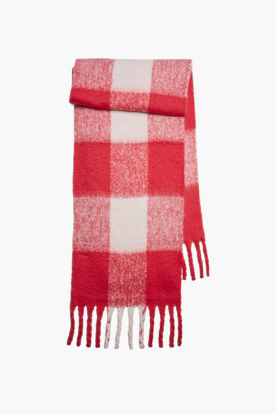 Écharpe d'hiver rouge de PIECES®, avec un motif à carreaux et des franges.