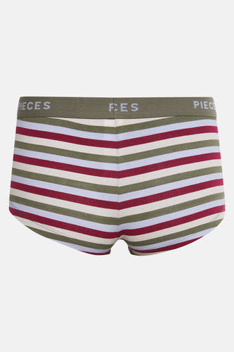 Multikleurige shorty van Pieces, met horizontale strepen in rood, beige en lila, en een groene tailleband.
