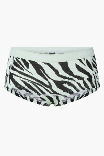 Shorty vert de PIECES avec imprimé zèbre noir et blanc et une bande élastique avec logo.
