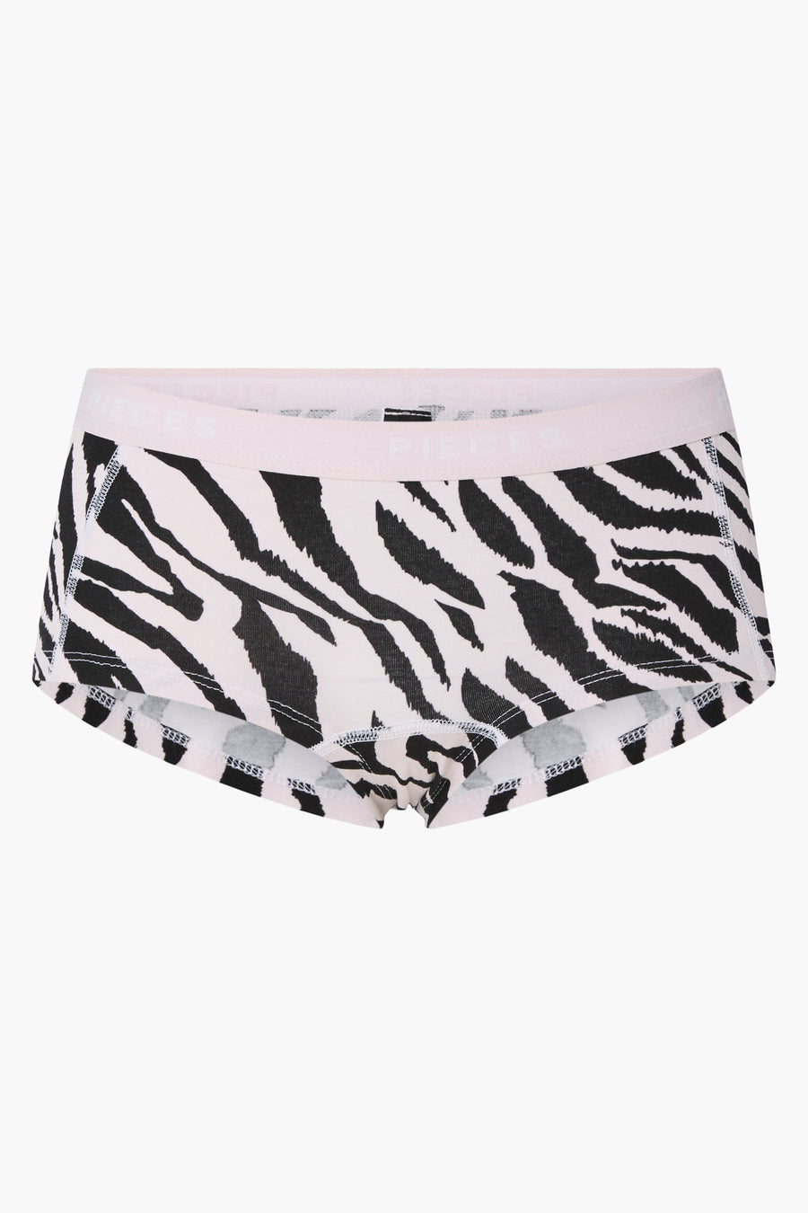 Shorty rose de PIECES® avec un imprimé zèbre en noir et blanc.
