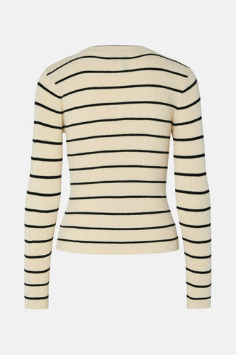 Gilet beige avec col rond de Pieces, avec des rayures noires et des manches longues.