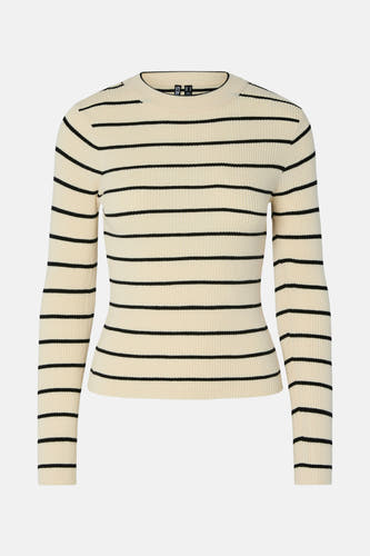 Gilet beige avec col rond de PIECES®, en texture côtelée et rayures horizontales noires.