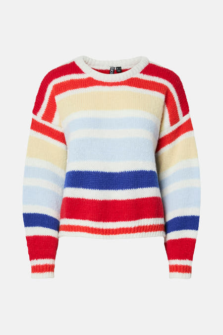 Sweat-shirt multicolore à col rond de PIECES®, avec des rayures horizontales en rouge, bleu et jaune.