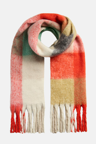 Écharpe d'hiver multicolore de PIECES®, avec un motif à carreaux et des franges.