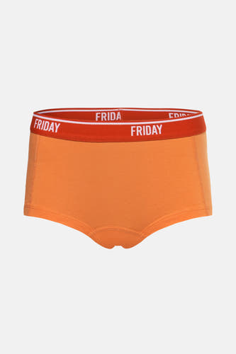 Shorty orange PIECES® avec une ce taille é é la les texte texteFRFR' et 'FRIDAY'.