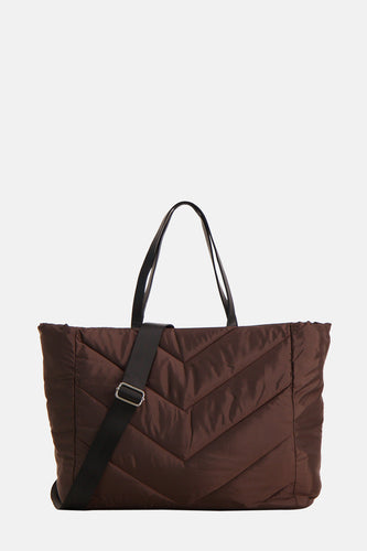 Bruine gewatteerde tote bag met zwarte riemen.