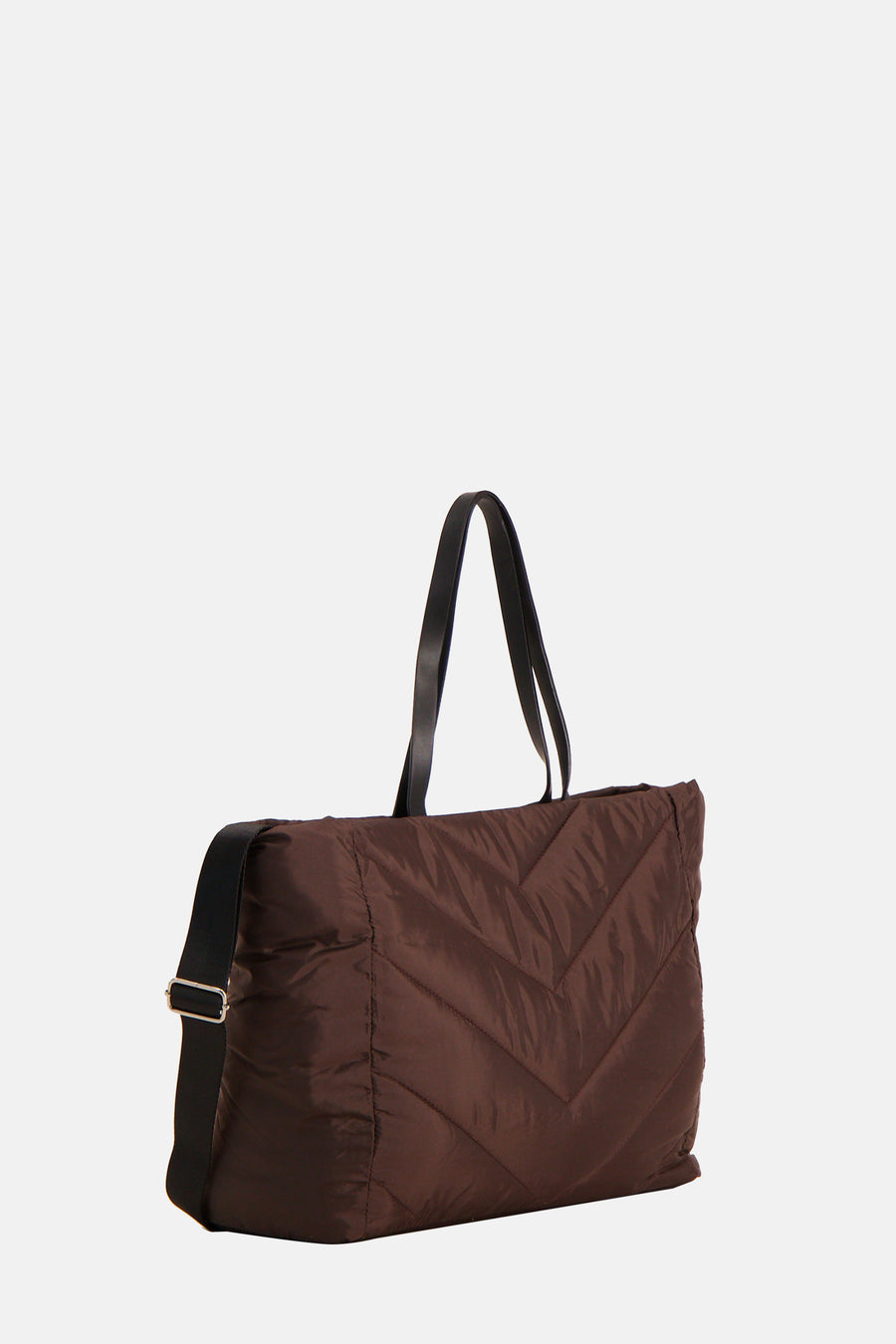 Bruine, gewatteerde schoudertas met zwarte banden.

