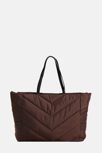 Bruine gewatteerde draagtas met zwarte handvatten.
