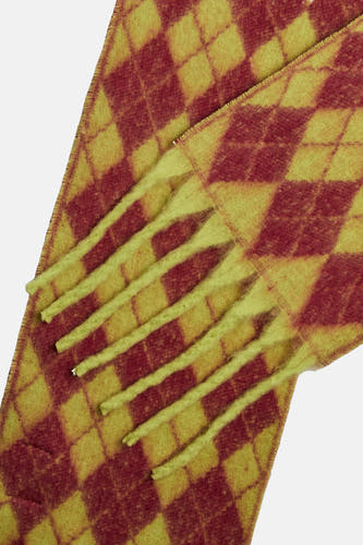 Multikleurige wintersjaal van PIECES met ruitpatroon en franjes, close-up.
