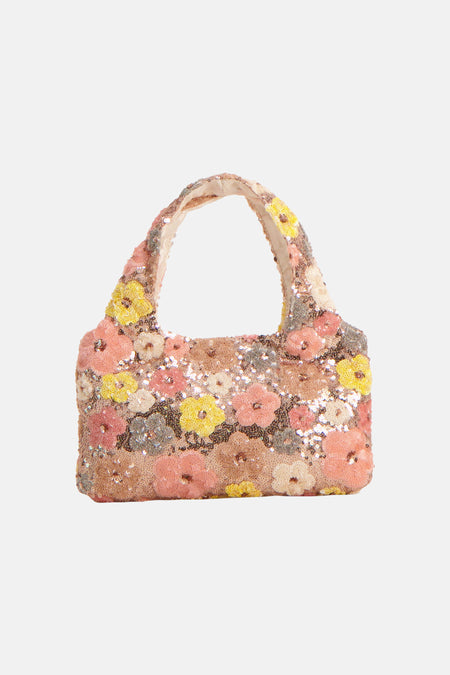 Sac à main multicolore de PIECES® avec fleurs en sequins et perles.