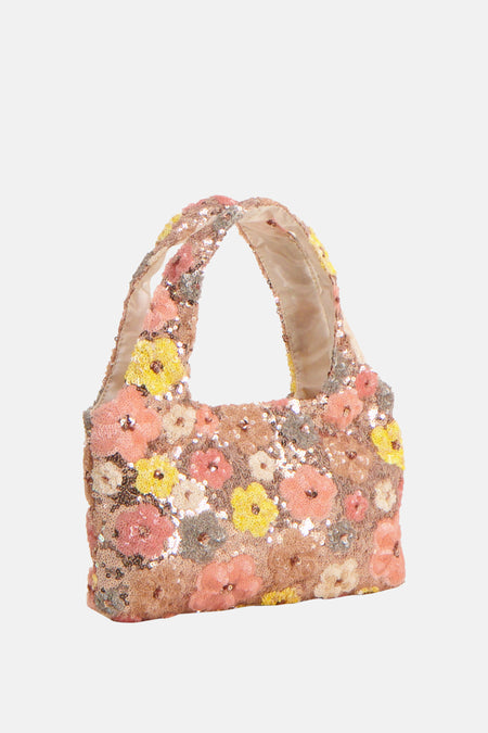 Pailletten handtas van PIECES® met bloemmotieven in roze, geel en grijs.