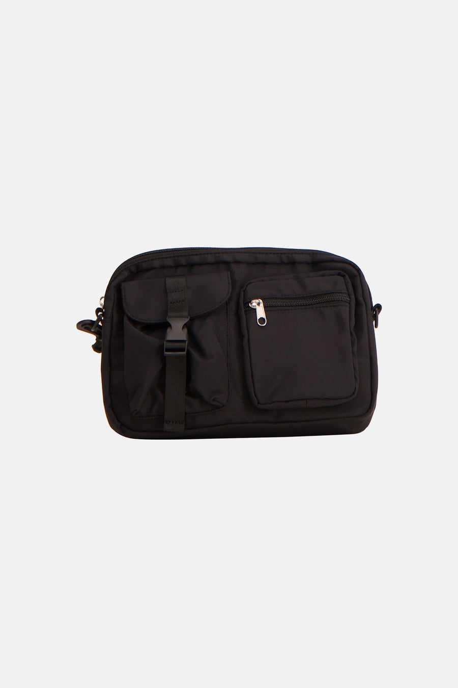 Sac à bandoulière noir de PIECES, avec plusieurs poches et une fermeture à boucle.