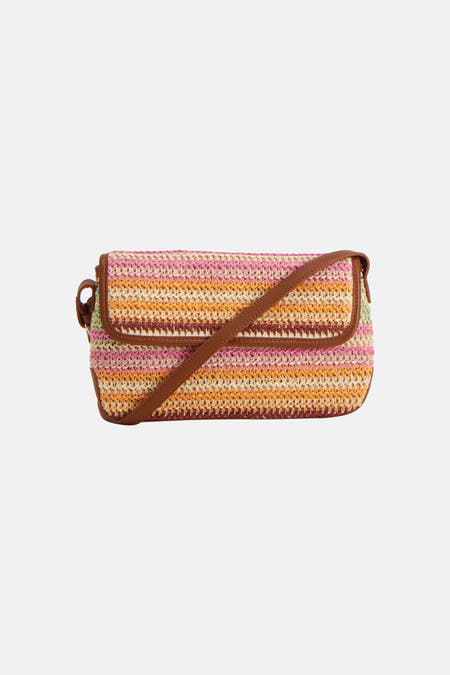 Sac à bandoulière multicolore de PIECES® avec tissu rayé au crochet et finitions en cuir marron.