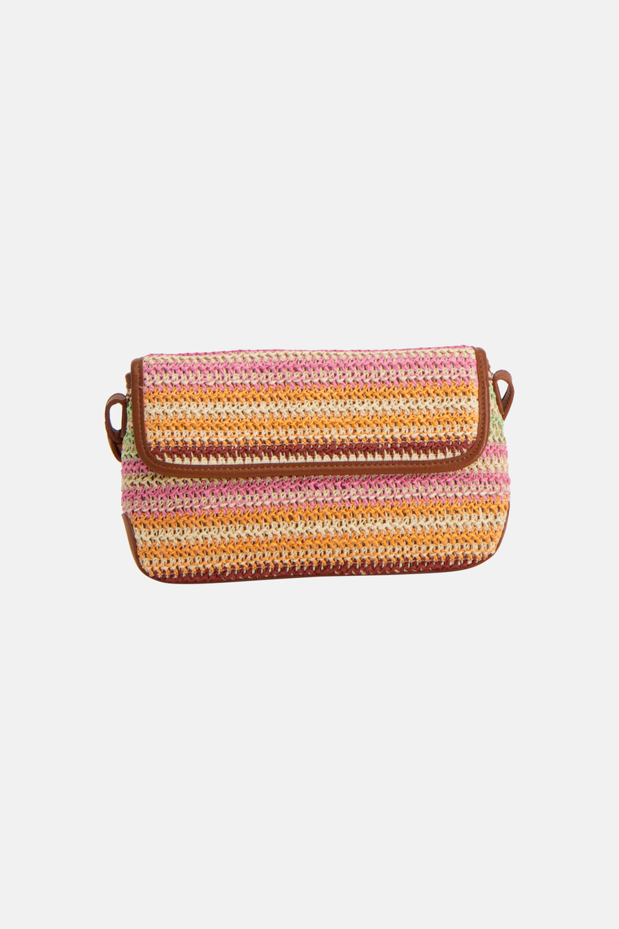 Sac à bandoulière tissé multicolore à rayures de PIECES® avec détails en cuir marron et rabat.
