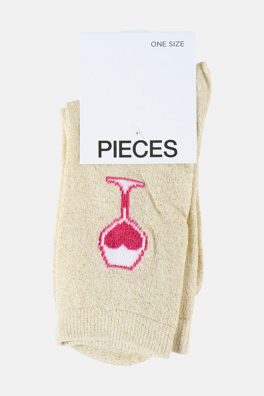 Chaussettes écru de PIECES, avec une image de verre à cocktail rose.