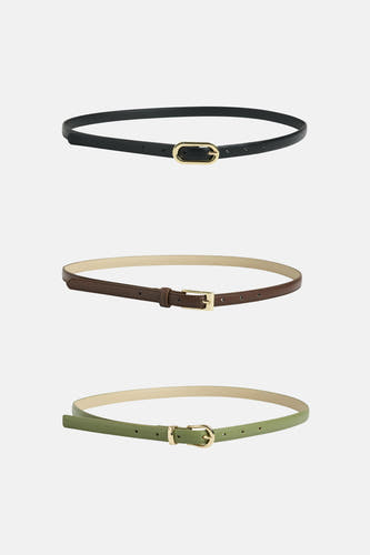 Ceintures multicolores de PIECES®, présentées en noir, marron et vert olive, avec des sangles fines et des boucles dorées.