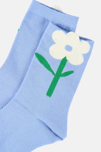 Blauwe sokken van PIECES®, met witte bloem en groene stengel.