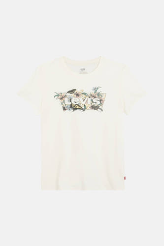 T-shirt écru à manches courtes de Levi's, avec des fleurs et des papillons dans le logo de Levi's.