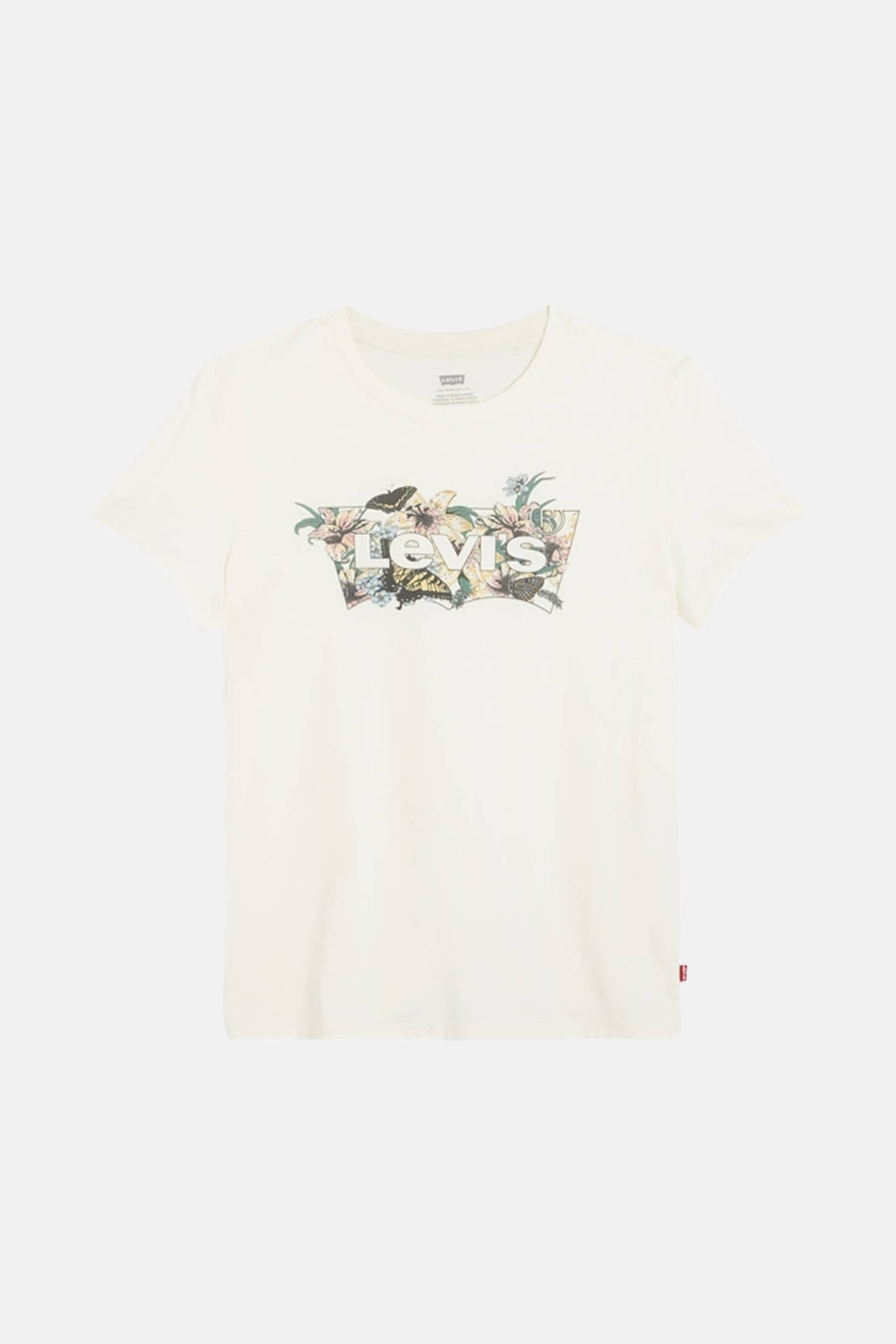 T-shirt écru à manches courtes de Levi's, avec des fleurs et des papillons dans le logo de Levi's.