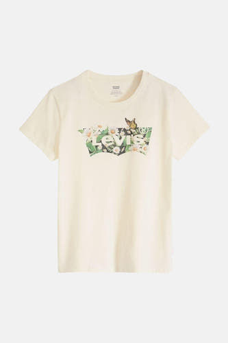 Beige T-shirt met korte mouwen van Levi's® met een bloemenprint en een vlinder.