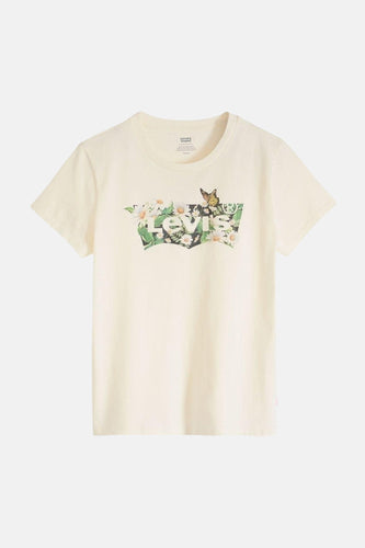 Beige T-shirt met korte mouwen van Levi's® met een bloemenprint en een vlinder.