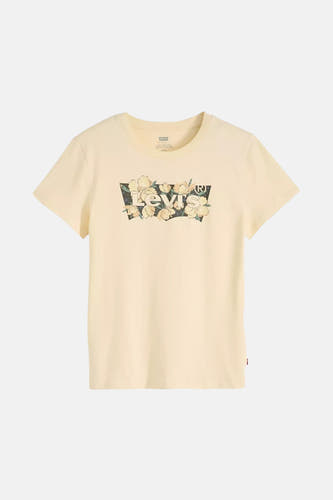 T-shirt jaune à manches courtes de Levi's, avec imprimé de fleurs sur le logo.