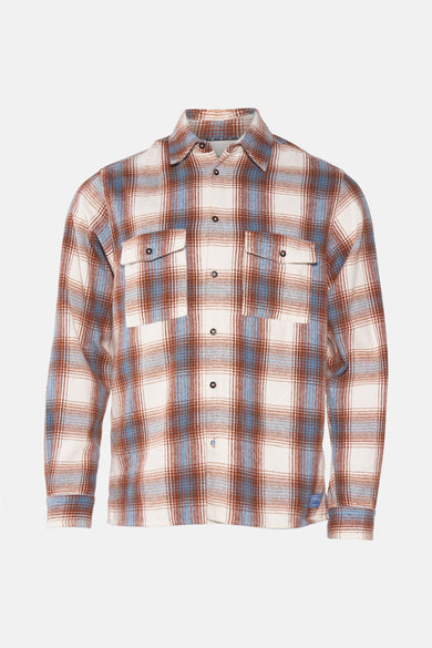 Chemise brune de Scotch & Soda, avec un motif à carreaux bleu et blanc, poche poitrine et fermeture à boutons.