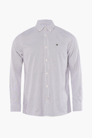 Chemise à manches longues rayée blanche et grise de SCOTCH & SODA, avec fermeture à boutons et petit logo sur la poitrine, vue de face