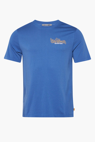 T-shirt bleu à manches courtes de Scotch & Soda, avec une impression graphique sur la poitrine.