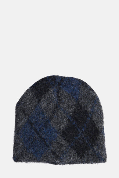 Chapeau multicolore de MANGO avec une texture tricotée grossière dans des tons de bleu et gris foncés.