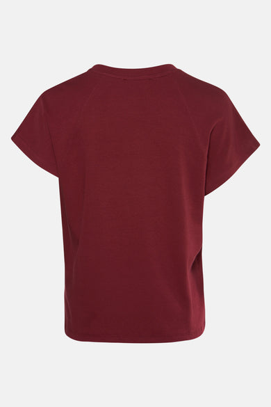 T-shirt rouge bordeaux à manches courtes de MANGO, avec une impression sur le dos, à manches raglan.